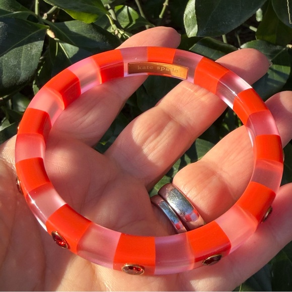 KATE SPADE NEW YORK CANDY STRIPE LUCITE BANGLE BRACELET VIVID RED RHINESTONES - Picture 9 of 16